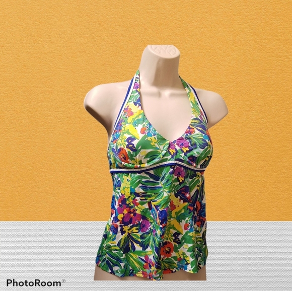 Land's End Women Tropical Floral Halter Neck Self-bra Swim Tankini Top Sz 4 NWOT - Picture 1 of 10